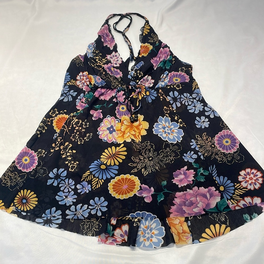 Mango Y2K Sleeveless Flower Blouse Top M Botanical Bold Multicolor Racer Back